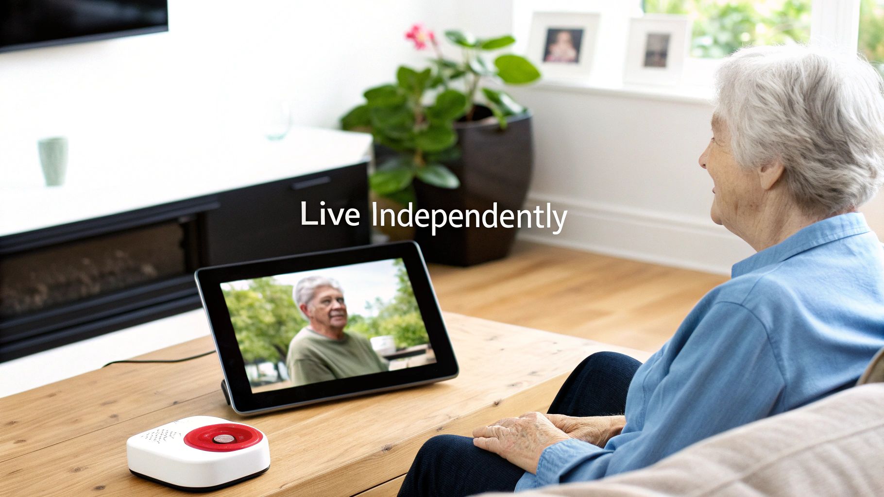 Elderly woman video calling a man on a tablet, with a smart home device, promoting independent living.