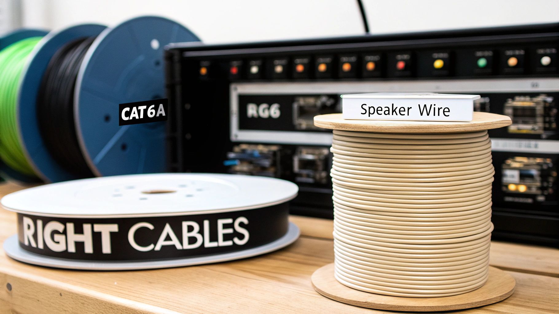 A close-up of various cable spools including CAT6A, speaker wire, and Right Cables.
