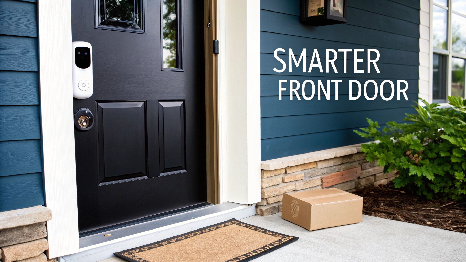 A smart video doorbell installed on a dark front door, with a package delivered on the doorstep.