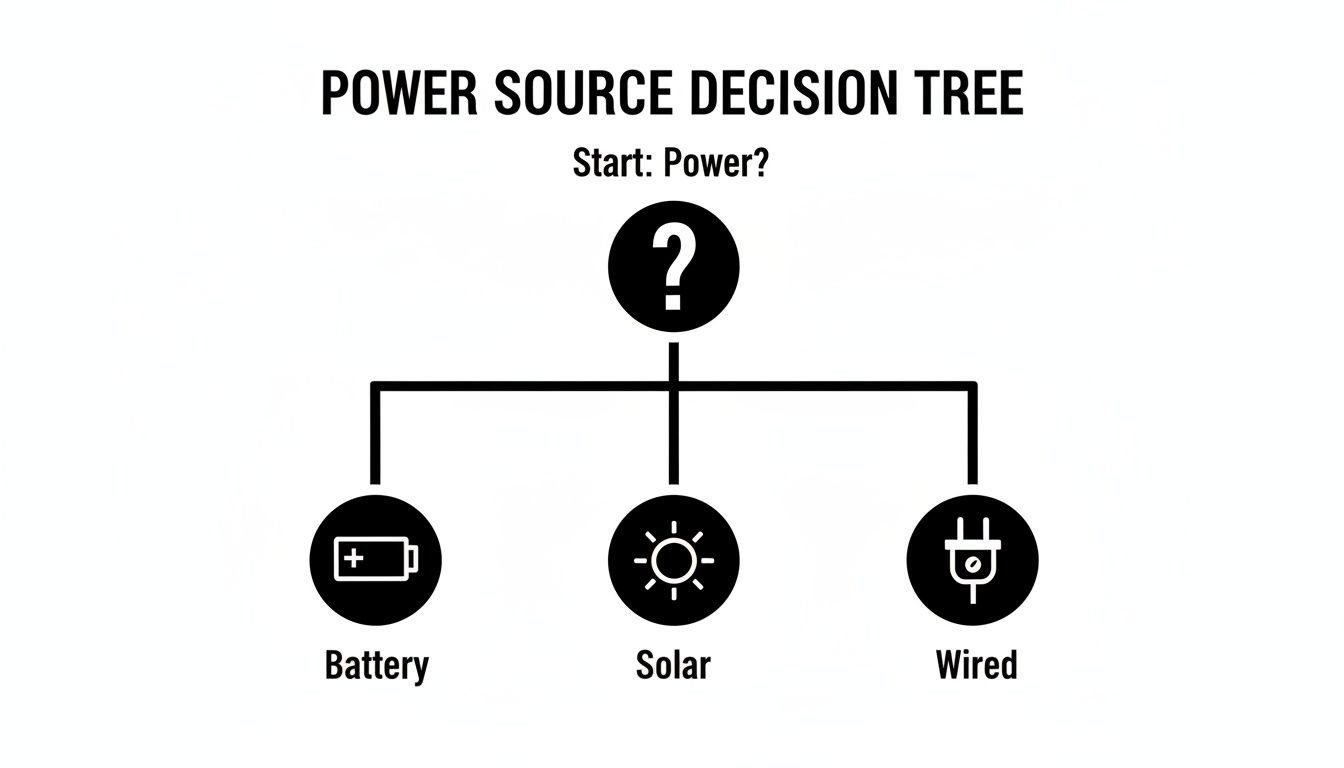 A power source decision tree diagram showing options: Battery, Solar, and Wired.