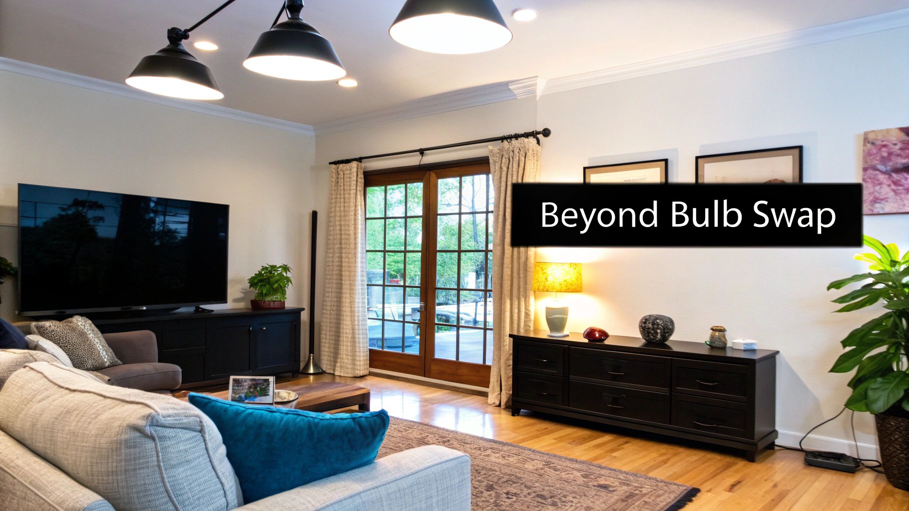 Well-lit modern living room with energy efficient lighting options