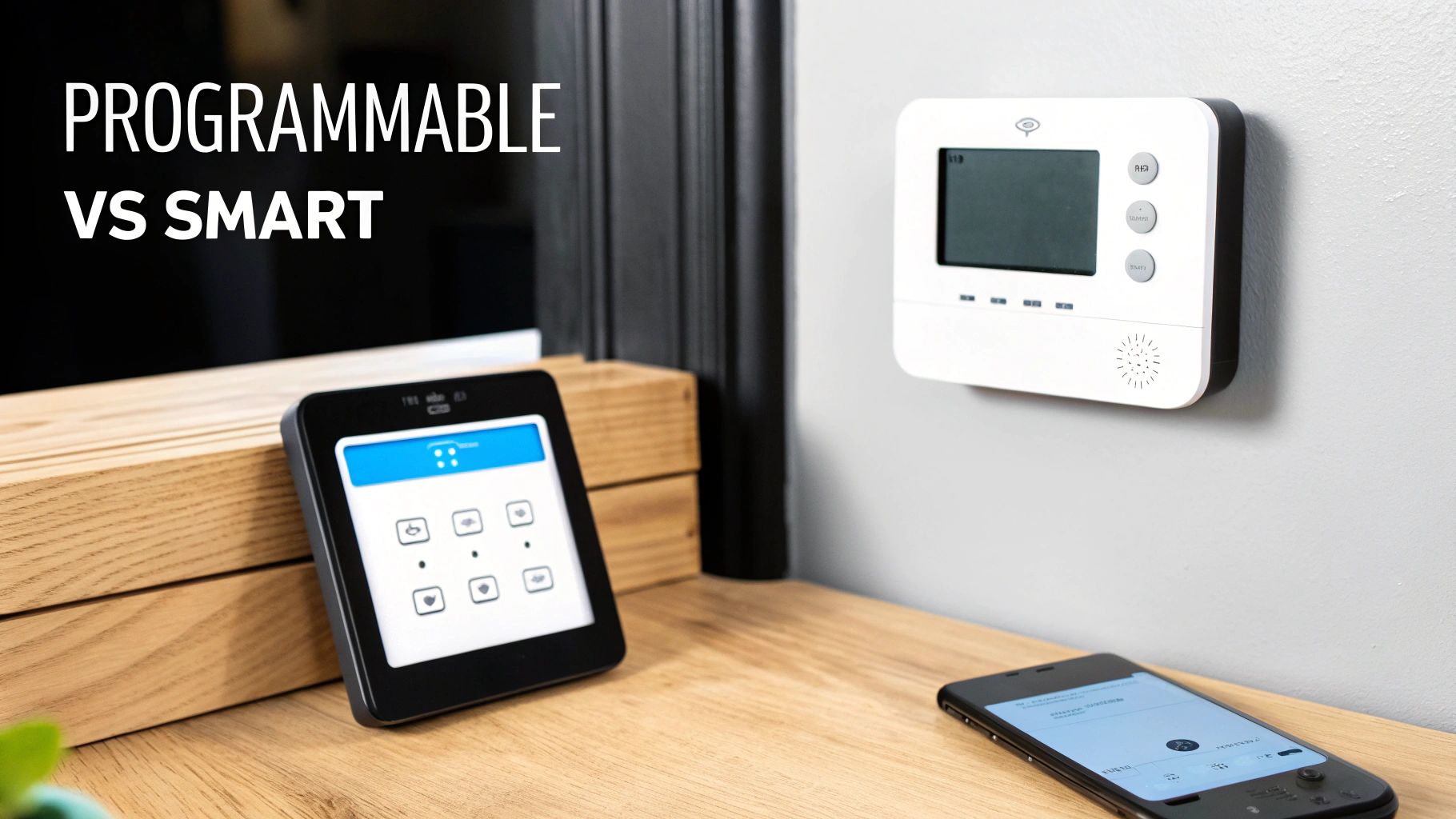 A modern smart thermostat and an older programmable thermostat side by side