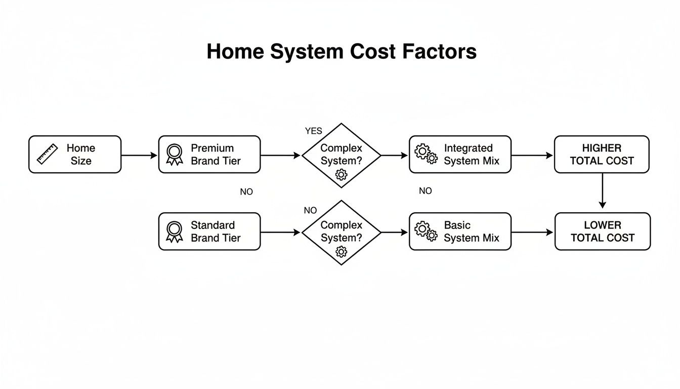 Flowchart illustrating home system cost factors, differentiating between premium and standard brand tiers impacting total cost.