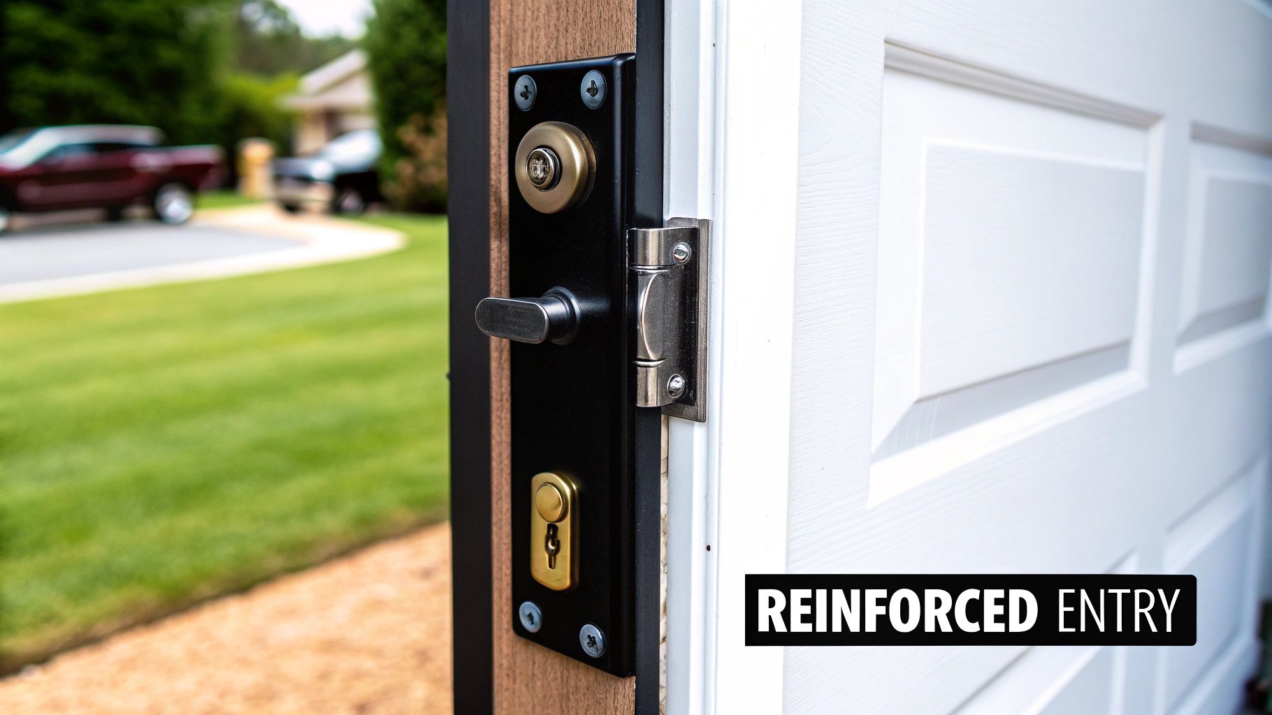 A sturdy front door with a modern deadbolt and reinforced frame.