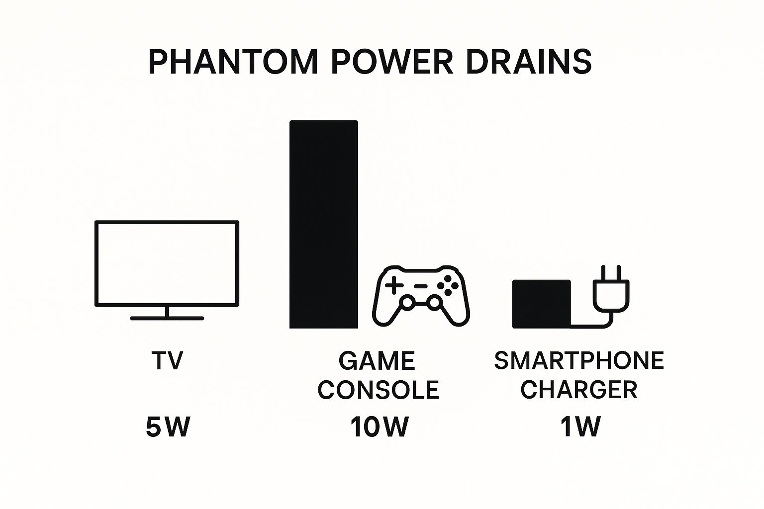 Infographic comparing the phantom power drain of a TV, game console, and smartphone charger.