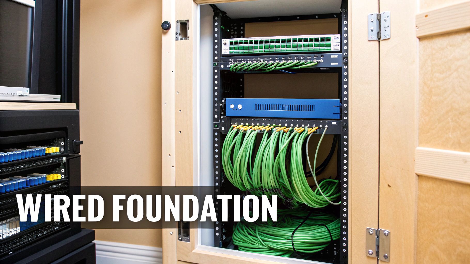 A neatly organized network cabinet with various networking devices and bright green cables.