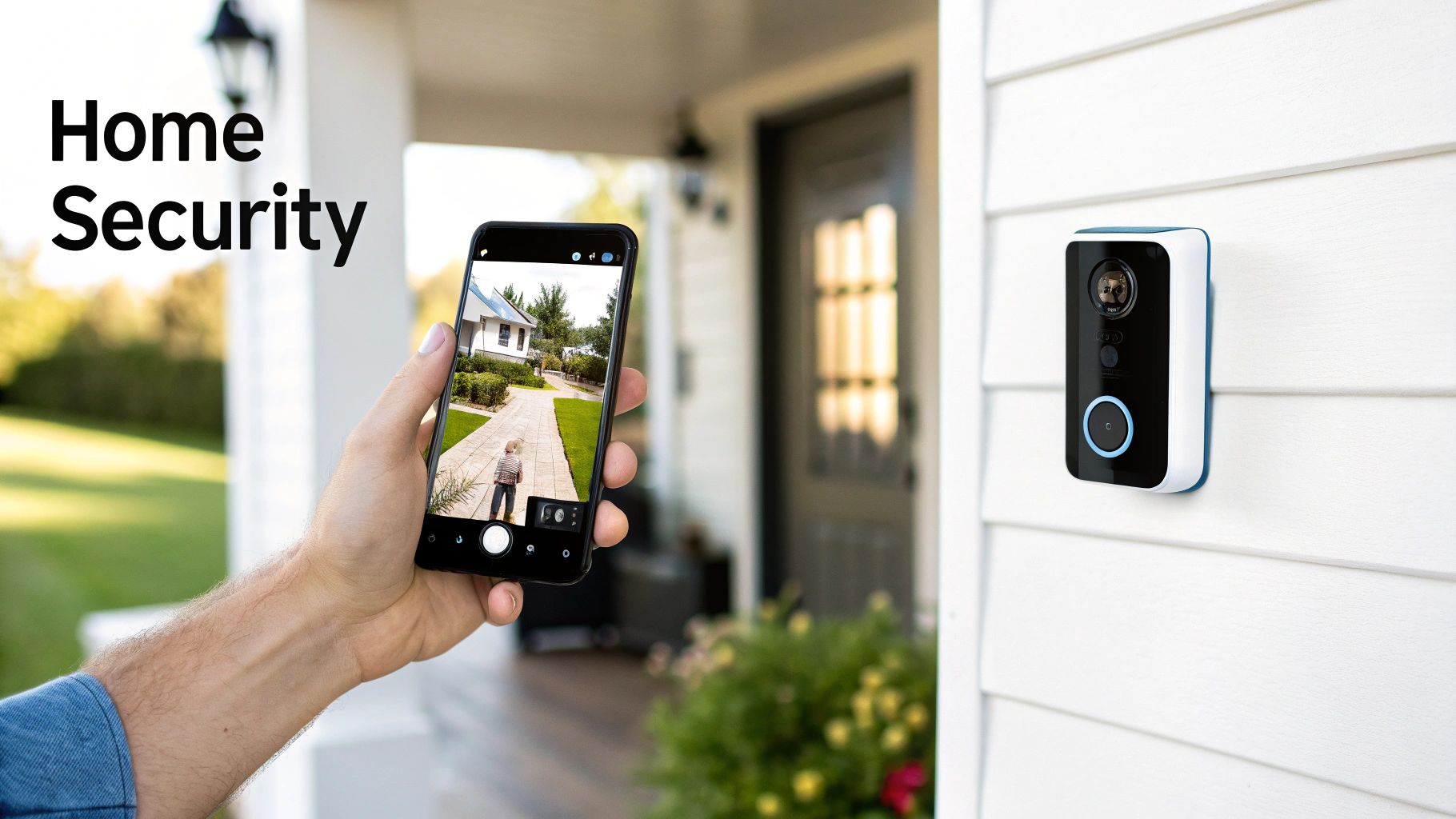 A hand holds a smartphone showing a child in a home security camera feed, with a smart doorbell on a white house.