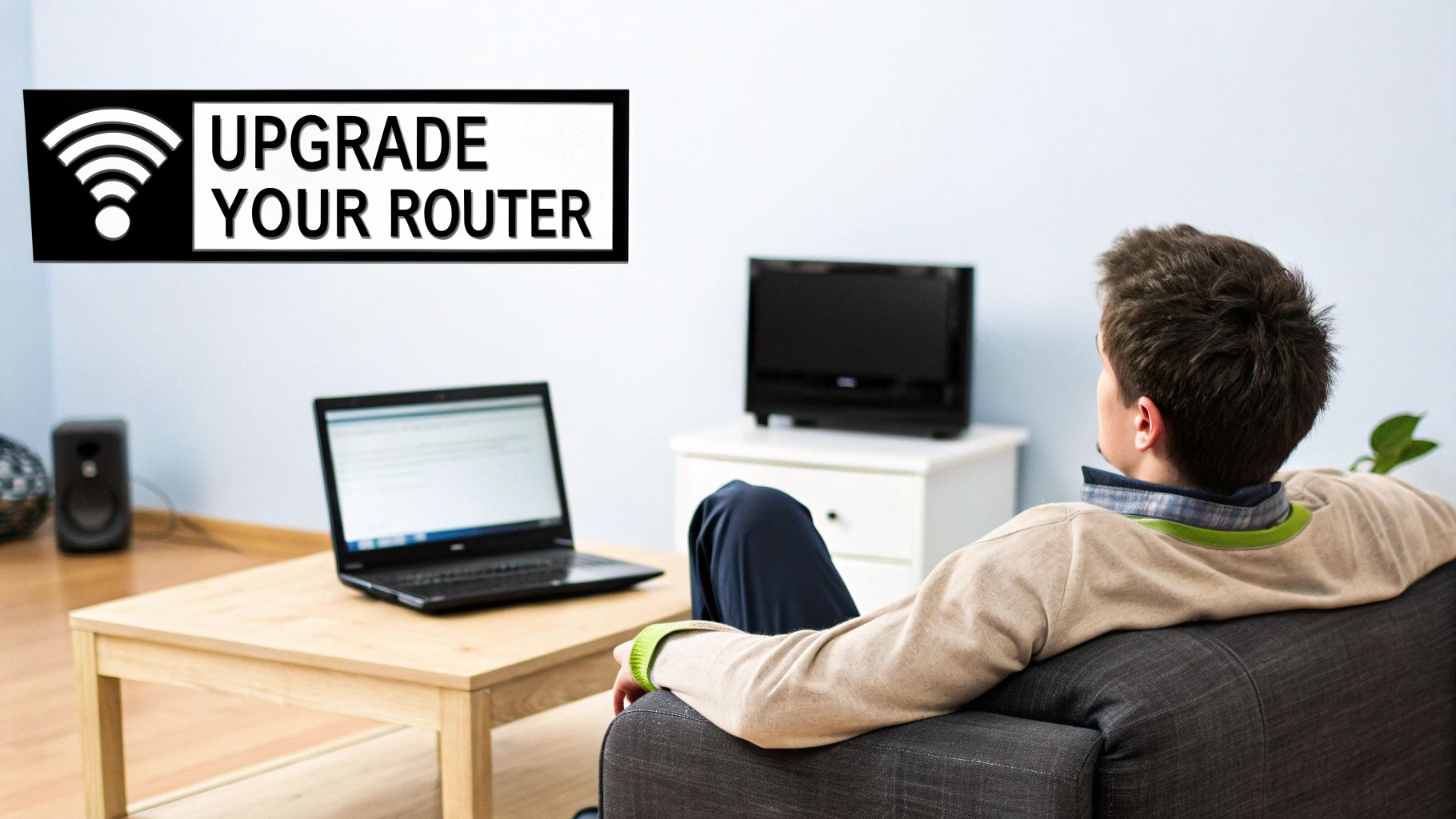 Man relaxing on a couch with a laptop, next to a sign promoting to upgrade your Wi-Fi router.