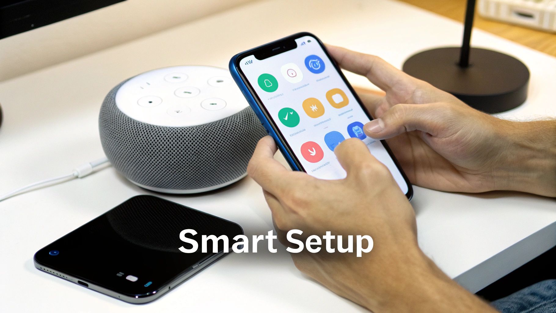 Hands interact with a smartphone displaying app icons next to a gray smart speaker on a white desk.