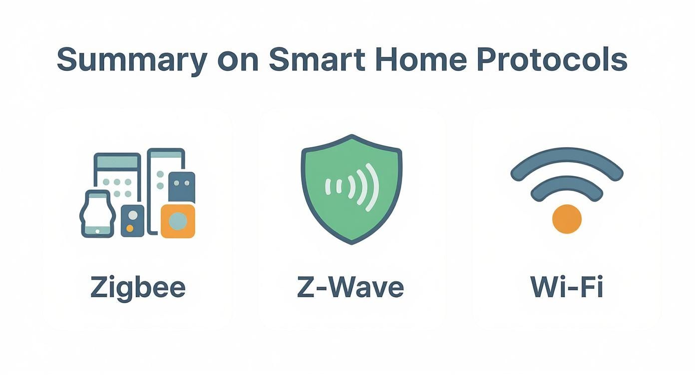 An overview of smart home protocols, including Zigbee, Z-Wave, and Wi-Fi, each represented by an icon.