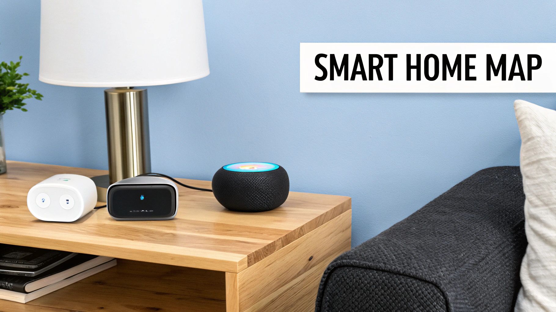 A wooden side table featuring various smart home devices like a smart speaker, alarm, and hub.