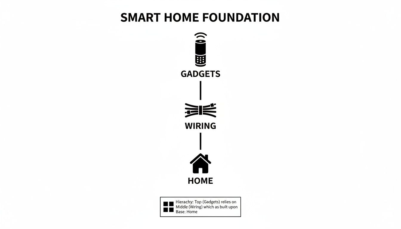 Diagram showing the Smart Home Foundation hierarchy, with Gadgets relying on Wiring and Home.