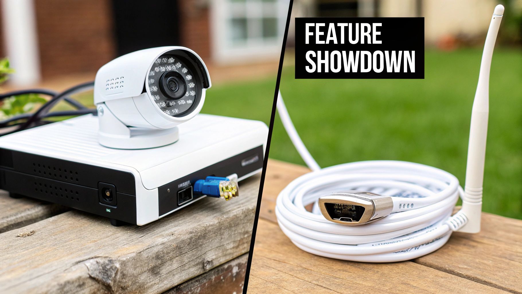 A white security camera on a recorder with an ethernet cable, compared to an HDMI cable and antenna.