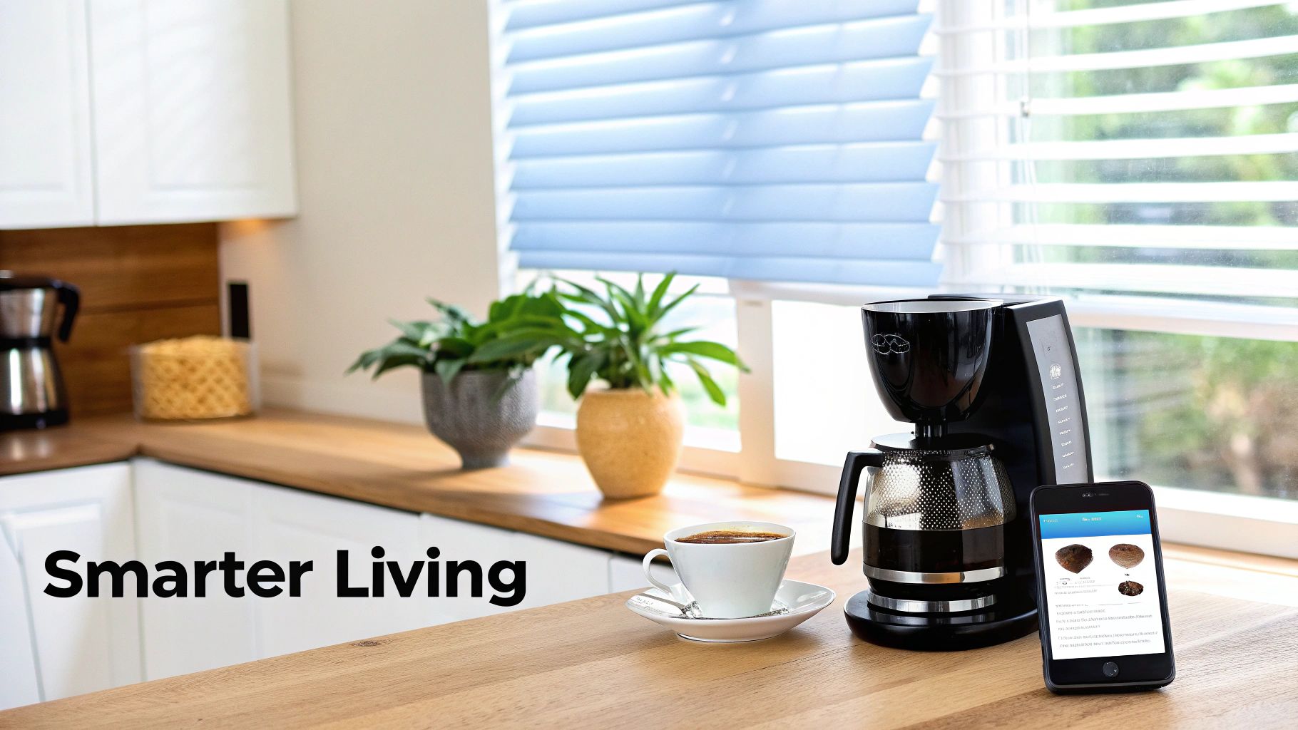 A modern smart kitchen scene with a coffee maker, coffee cup, and smartphone displaying a smart home app.