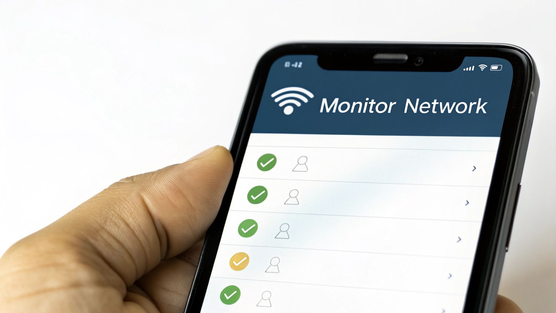 A hand holds a smartphone displaying a network monitoring app with a Wi-Fi icon and connected devices.