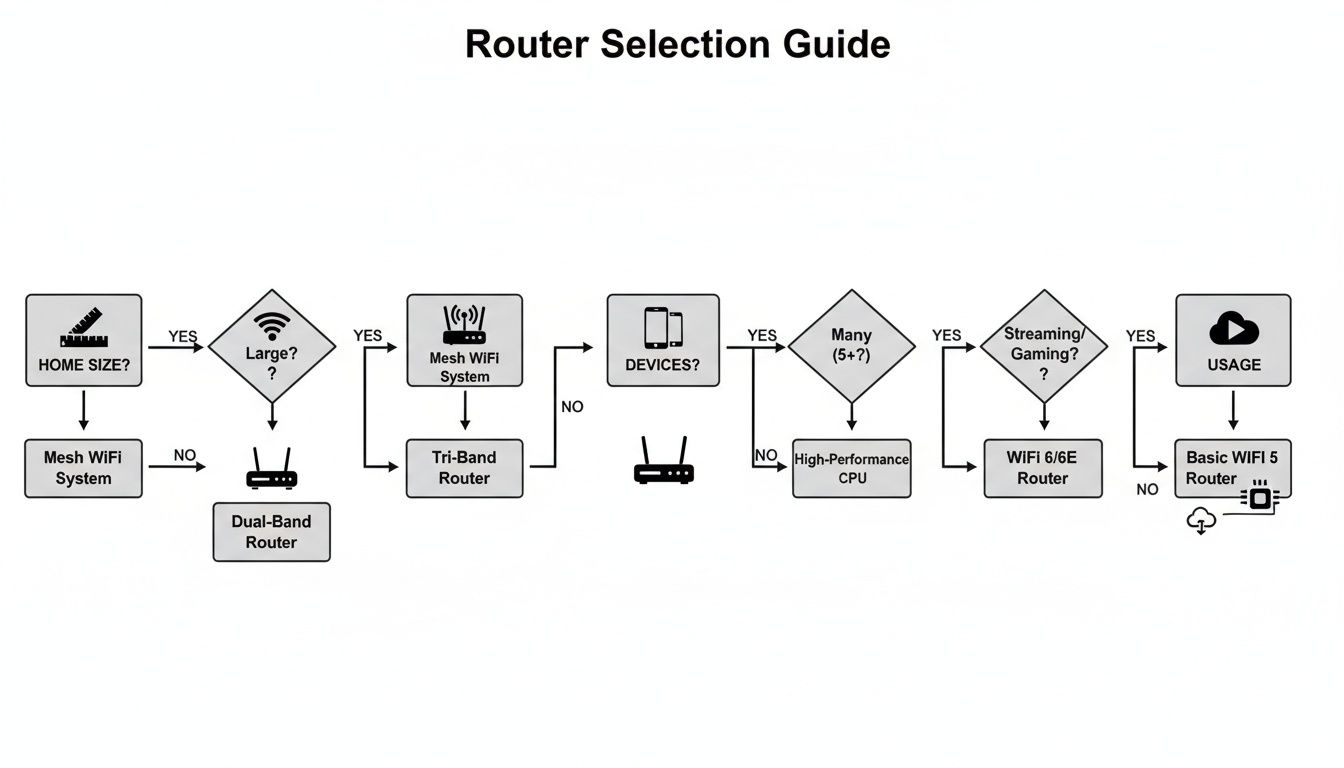 A flowchart illustrating a router selection guide based on home size, number of devices, and usage.