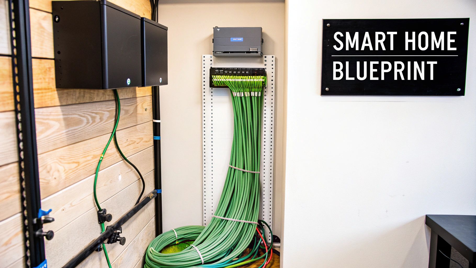 Smart home wiring setup with network devices and organized green cables.