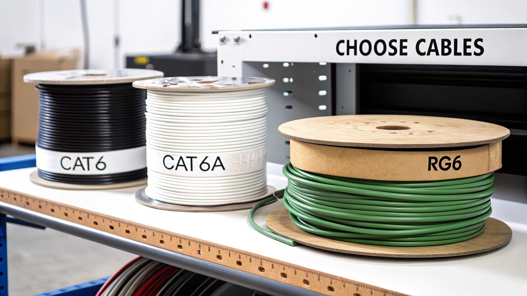 Three spools of network and coaxial cables, labeled CAT6, CAT6A, and RG6, on a shelf with a 'CHOOSE CABLES' sign.