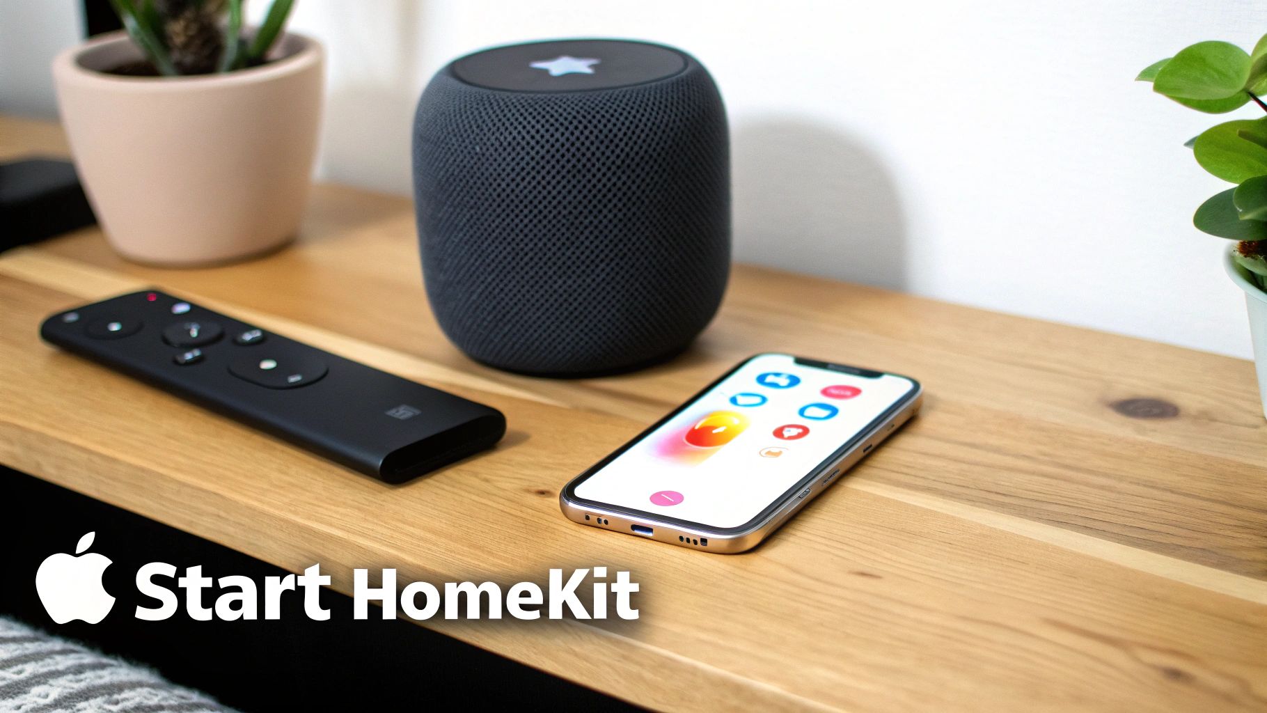 A modern living room with smart devices controlled by an iPhone showcasing the Apple HomeKit interface