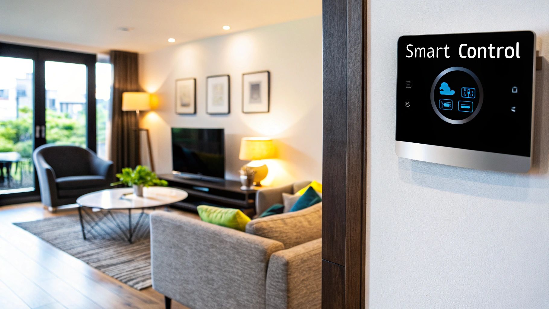 A modern smart thermostat mounted on a home wall.