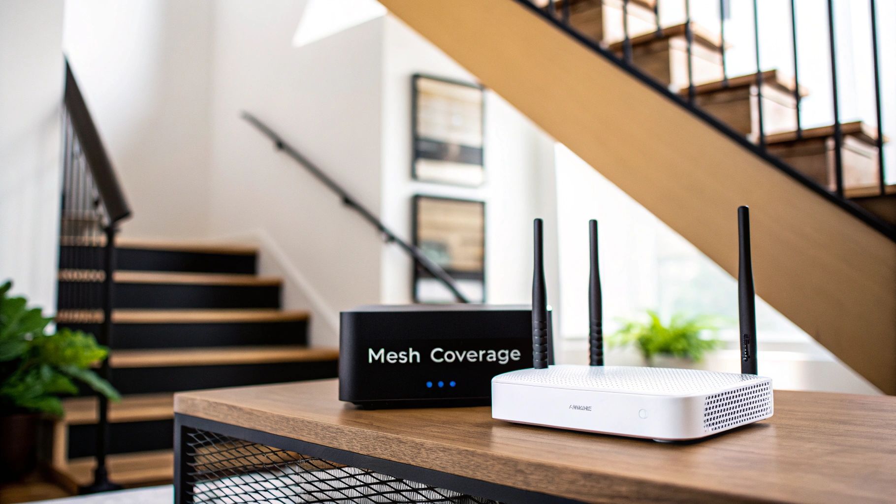Two internet routers, one black with 'Mesh Coverage' text and one white, on a wooden table.