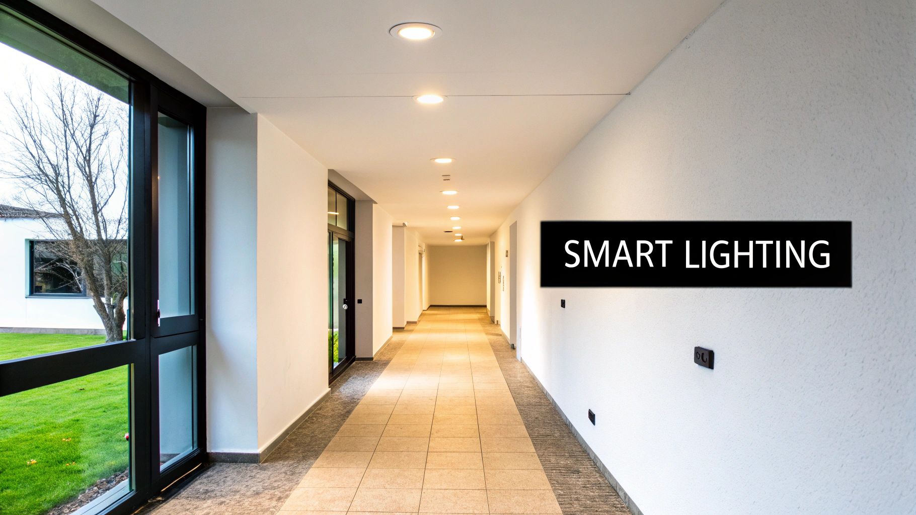A modern hallway features recessed smart lighting, a large window, and a 'SMART LIGHTING' sign on the wall.