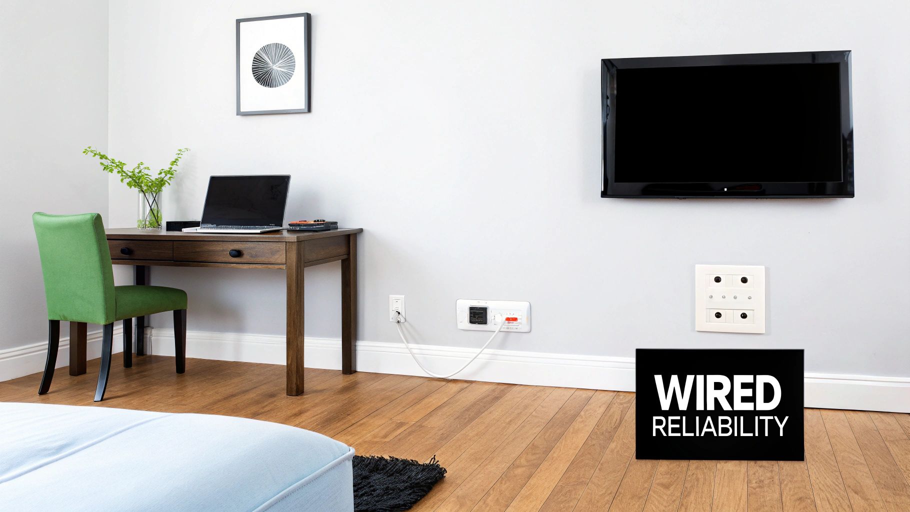 A modern room with a desk, laptop, wall-mounted TV, and prominent wired connection points.