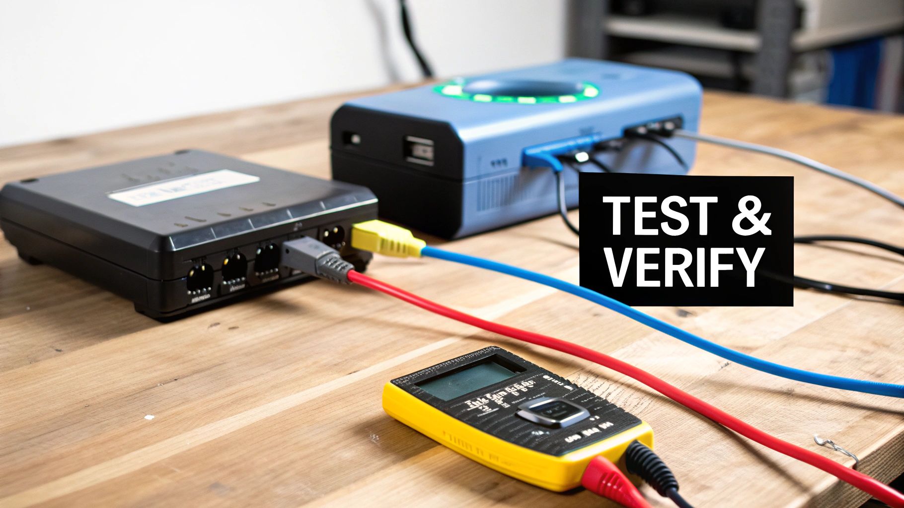 Electronic devices, colored cables, and a cable tester on a wooden table, with 'TEST & VERIFY' text.