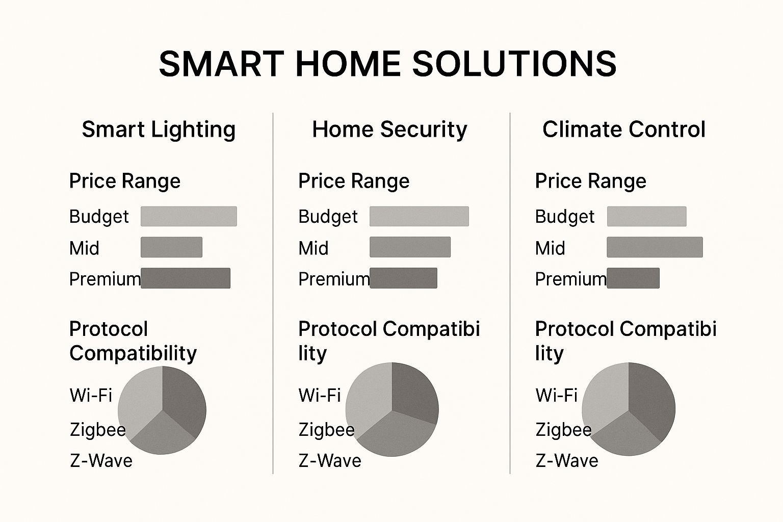 Infographic comparing smart lighting, home security, and climate control device categories based on price range and protocol compatibility.