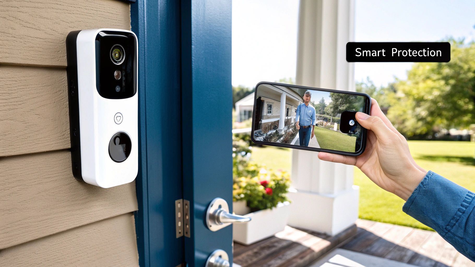 A person using a smartphone app to view a live feed from their smart home security camera.