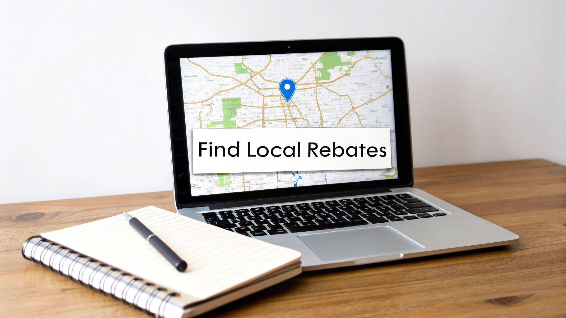 A laptop on a wooden desk displays a map with a pin and a box saying 'Find Local Rebates', next to a notebook and pen.