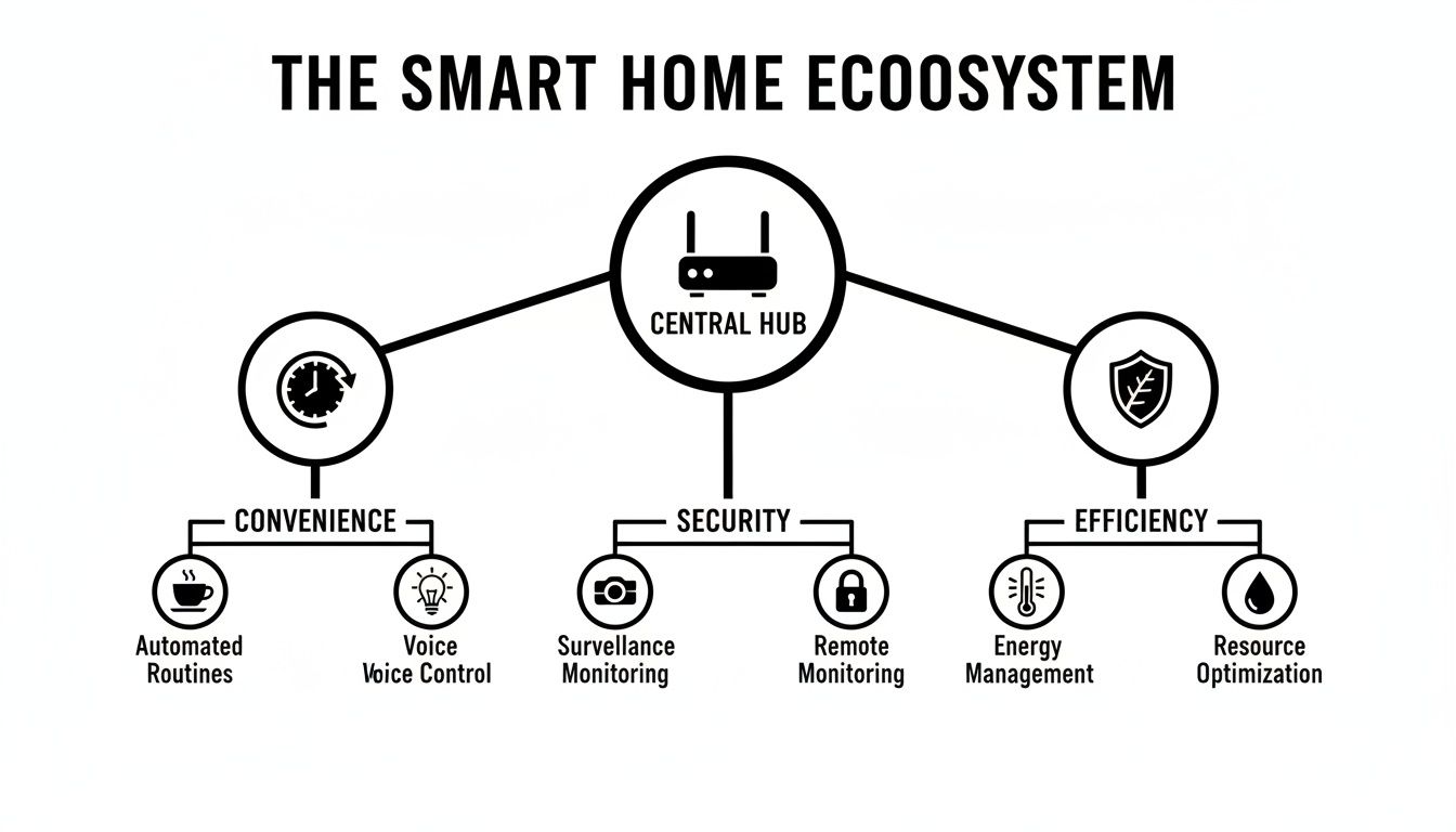 A diagram illustrates the smart home ecosystem, centered around a hub with branches for convenience, security, and efficiency.