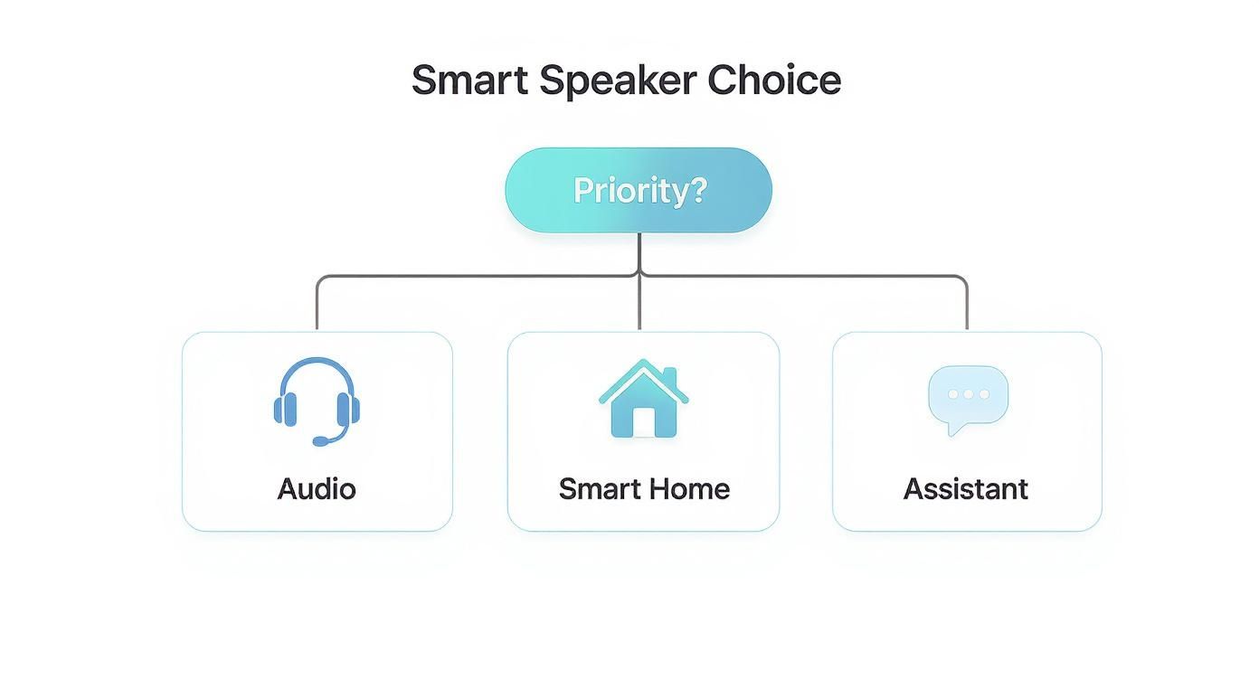 A diagram illustrates smart speaker choice by priority: audio quality, smart home integration, or assistant features.