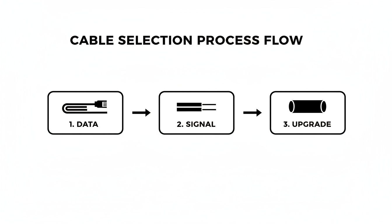A process flow diagram illustrating three steps for cable selection: 1. Data, 2. Signal, and 3. Upgrade.
