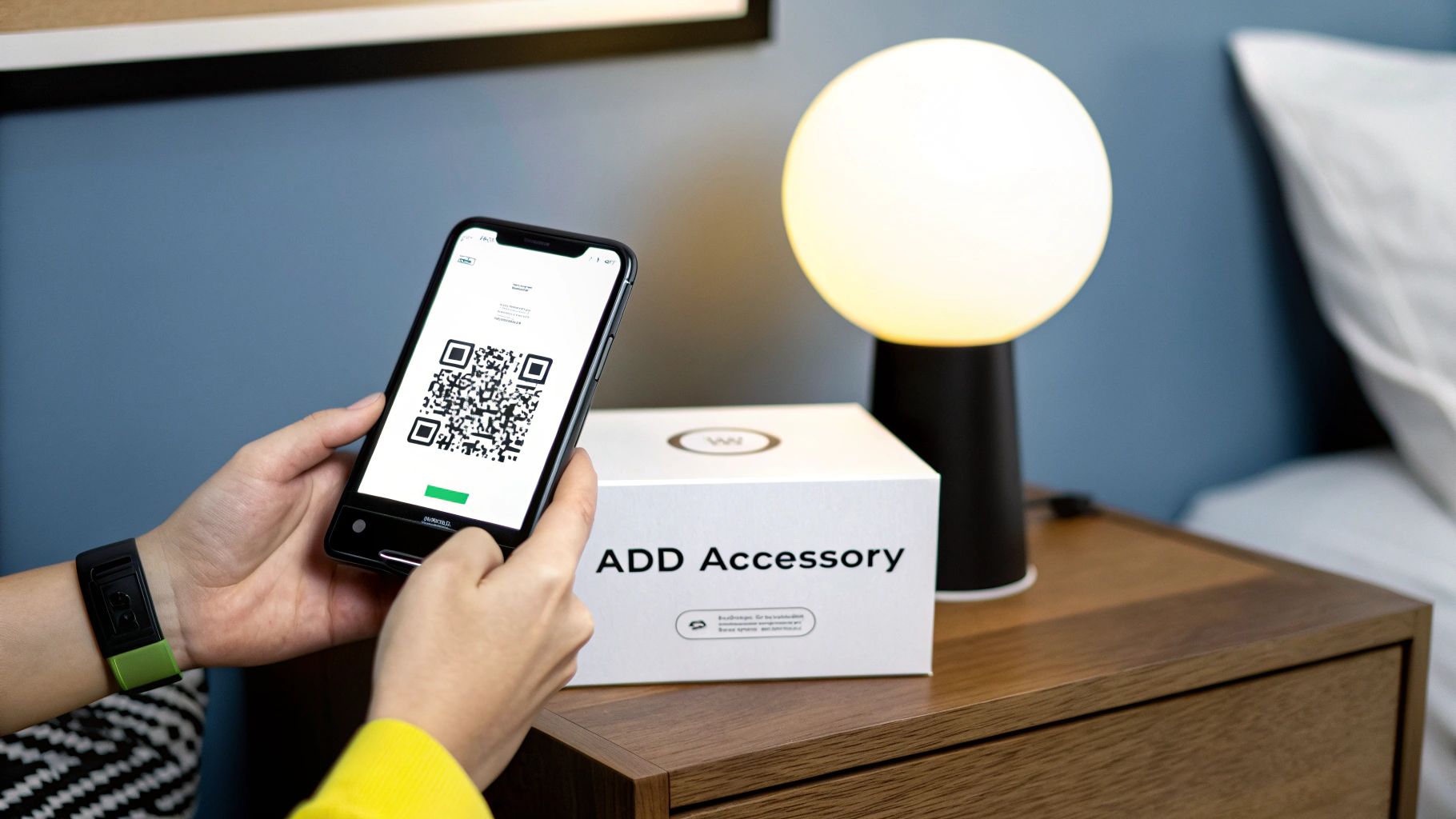 A person holding an iPhone and scanning a HomeKit QR code on the packaging of a smart light bulb.