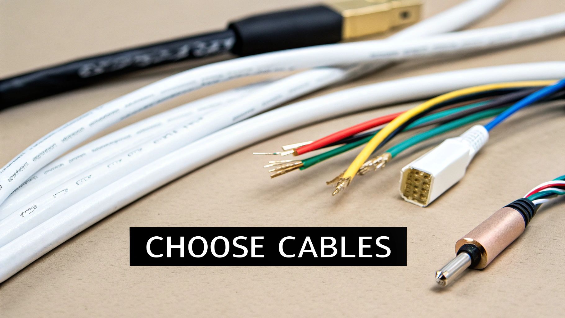 Close-up of assorted electrical cables, exposed wires, and various connectors on a light brown surface.