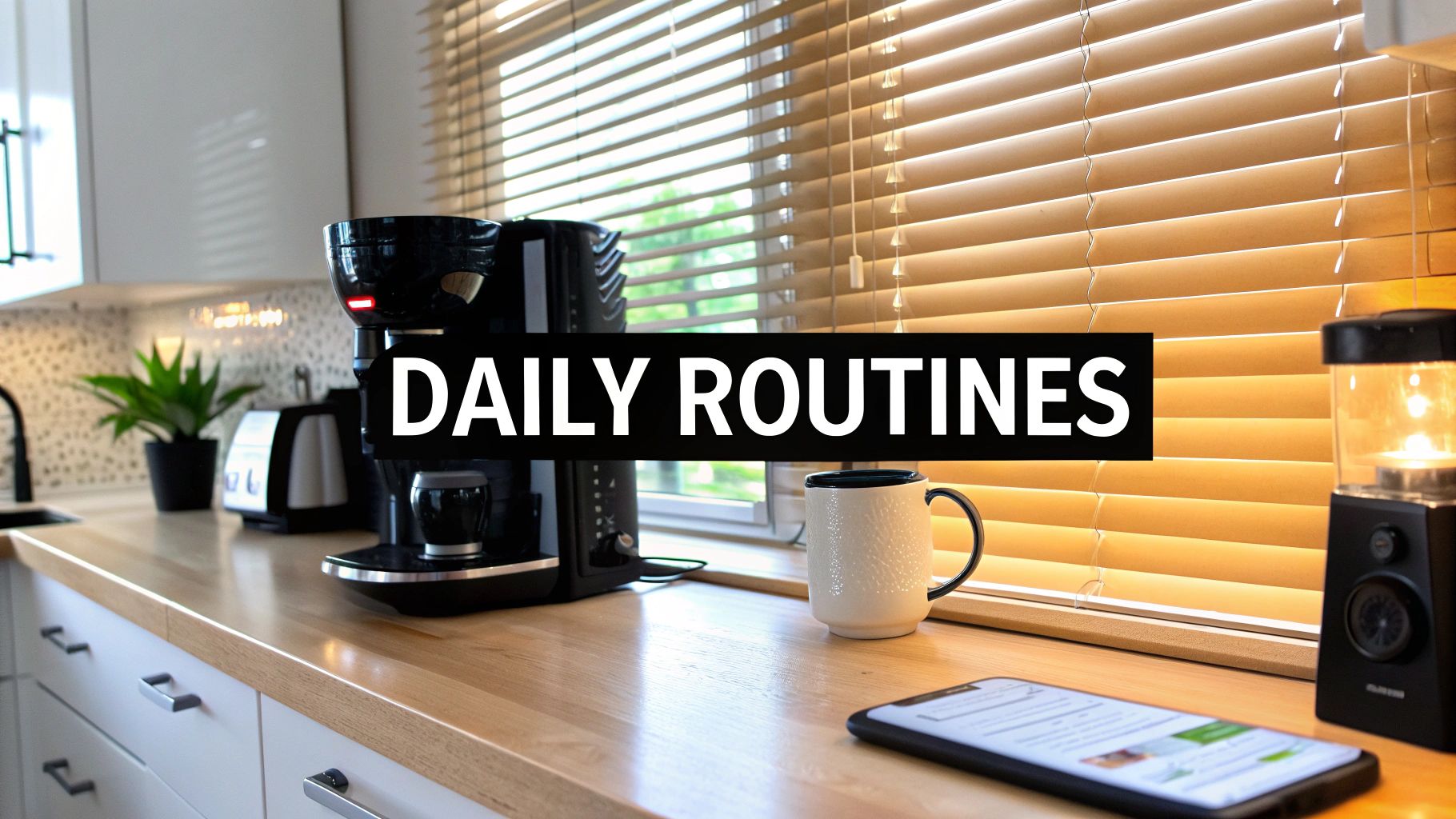 A kitchen counter with a coffee maker, mug, plant, smartphone, and text 'DAILY ROUTINES'.