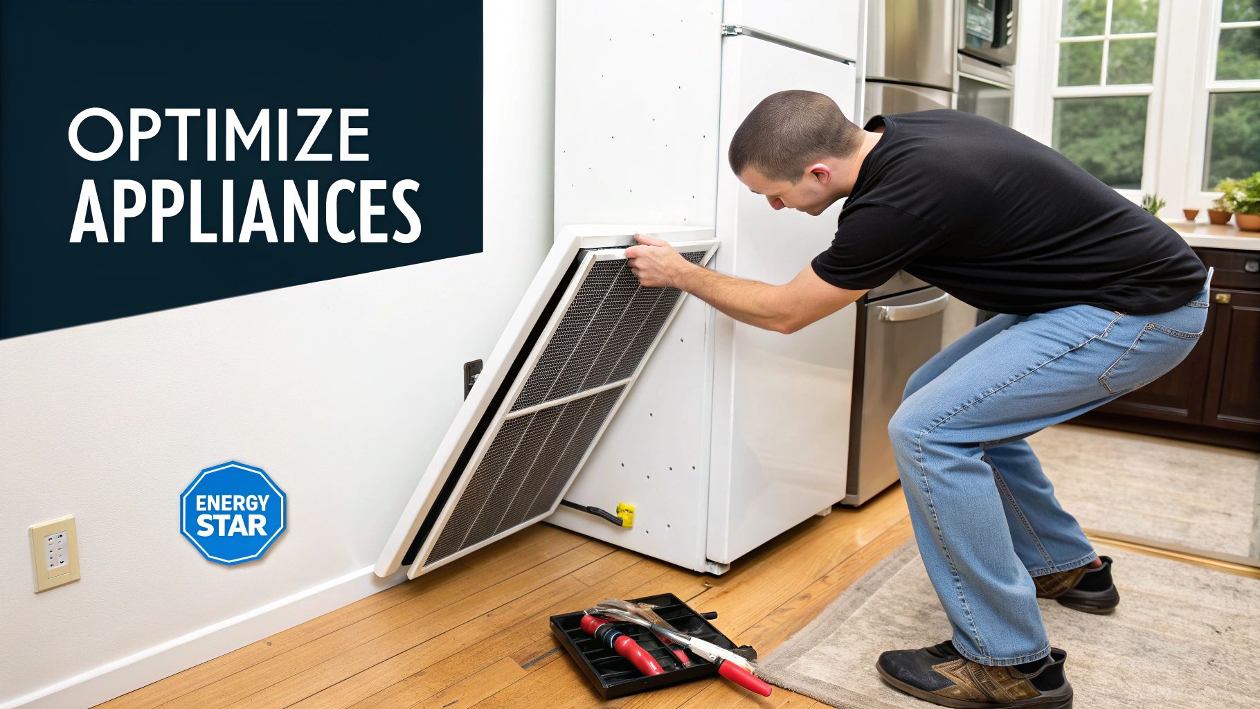 Man inspecting or replacing a filter on a white appliance, with 'Optimize Appliances' text and Energy Star logo.
