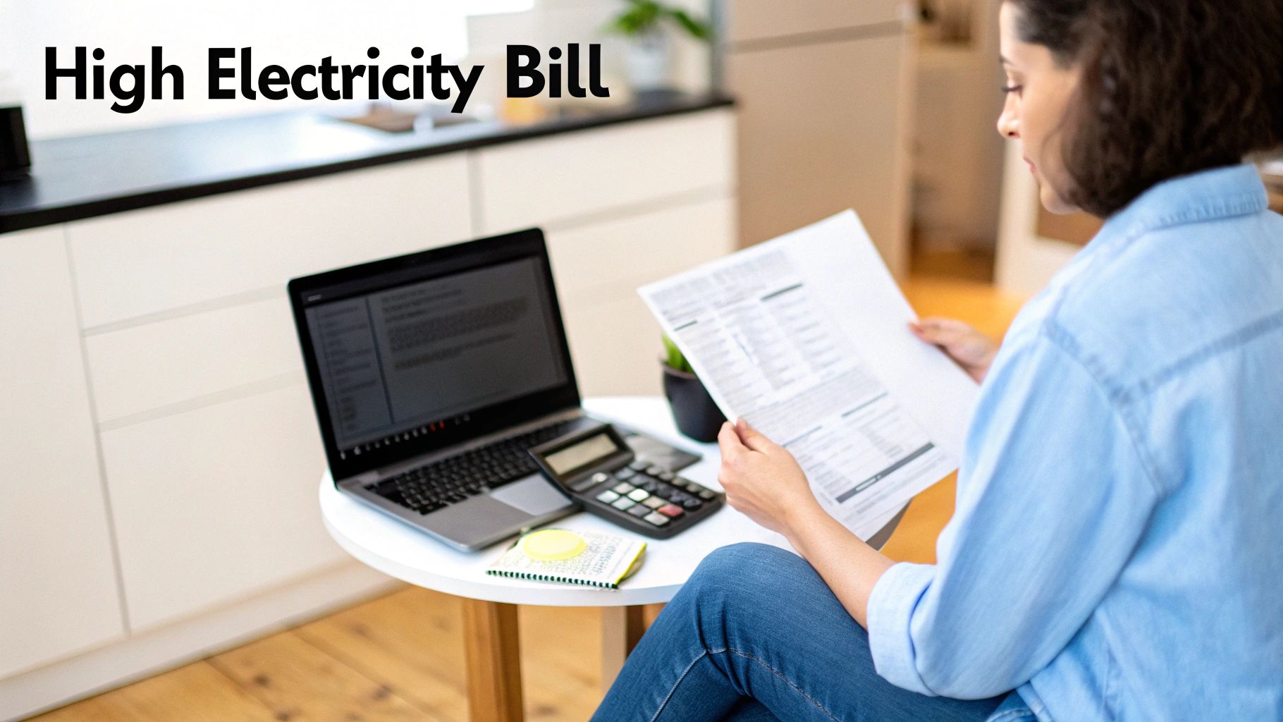 A person looking at a high electricity bill with a concerned expression.