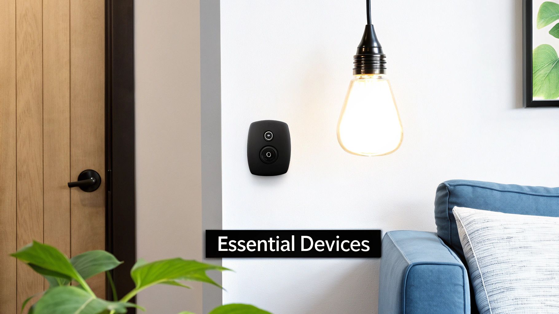 A black smart home device on a white wall, next to a hanging light and blue couch.
