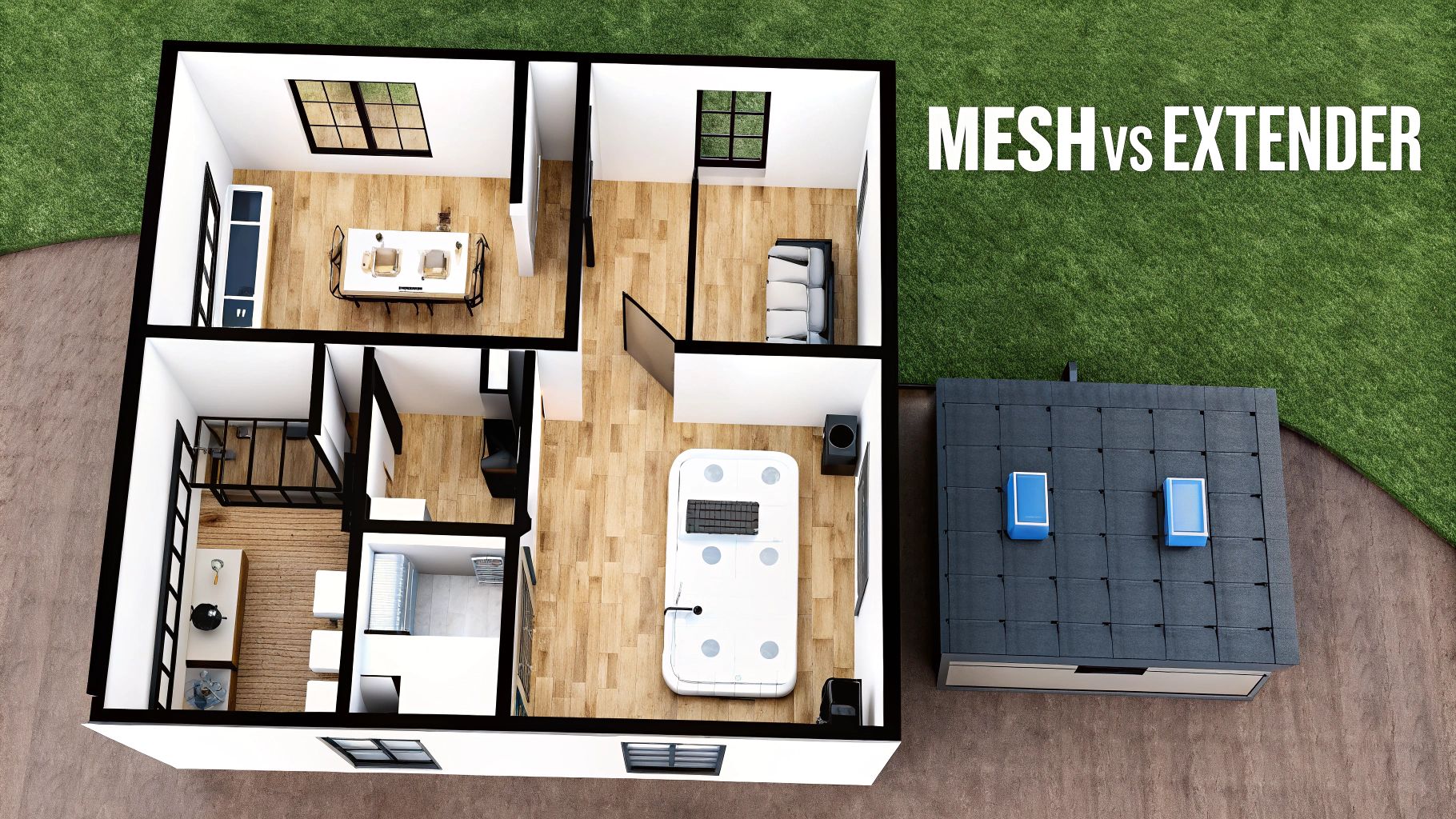 Overhead view of a house floor plan and networking devices, comparing MESH vs EXTENDER Wi-Fi systems.