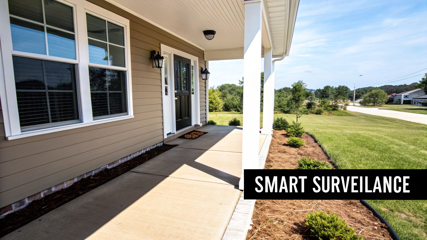 A house front porch with a dark door, windows, and a sidewalk leading to a lawn.