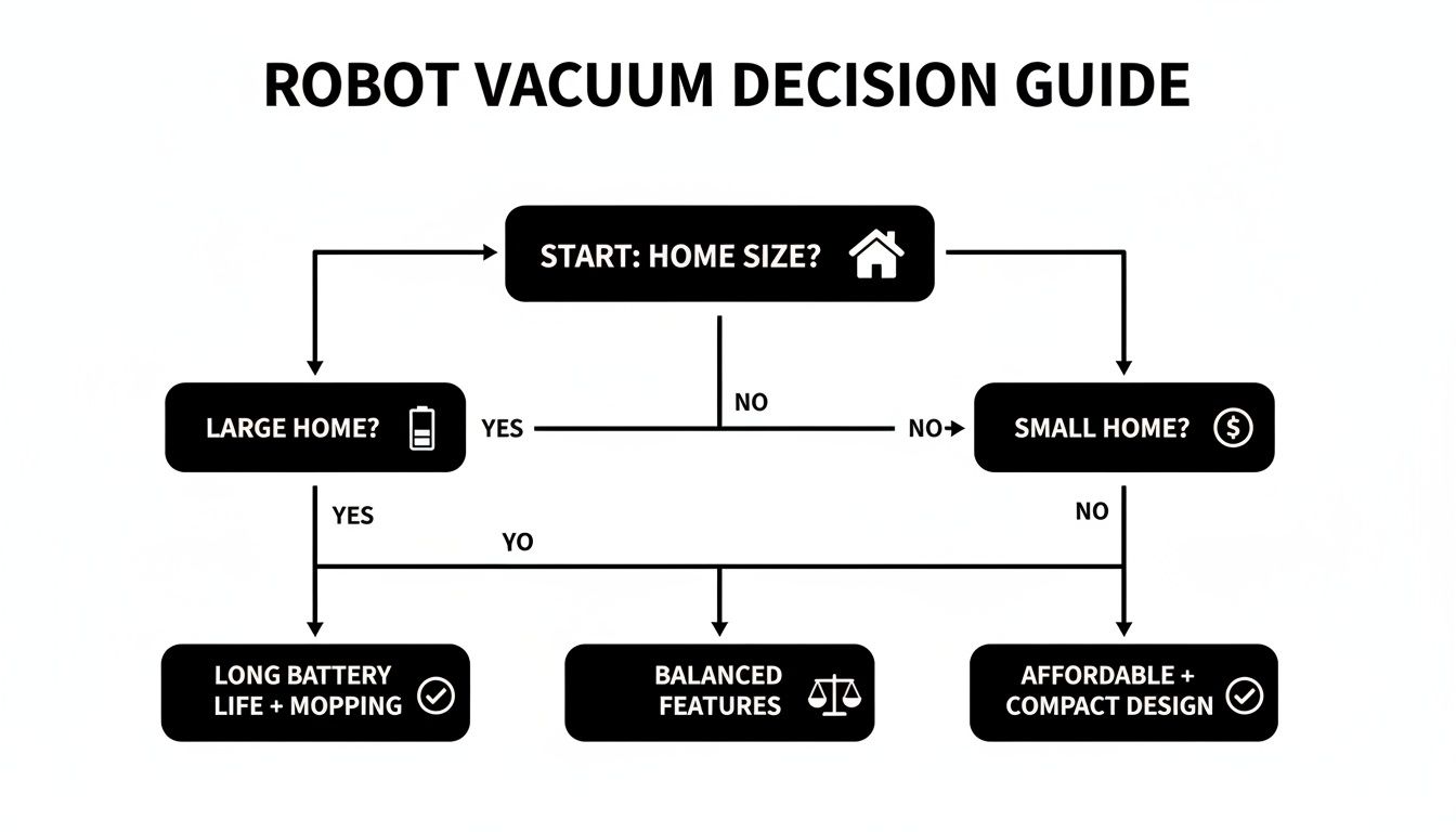 A robot vacuum decision guide flowchart helping users choose based on home size and desired features.