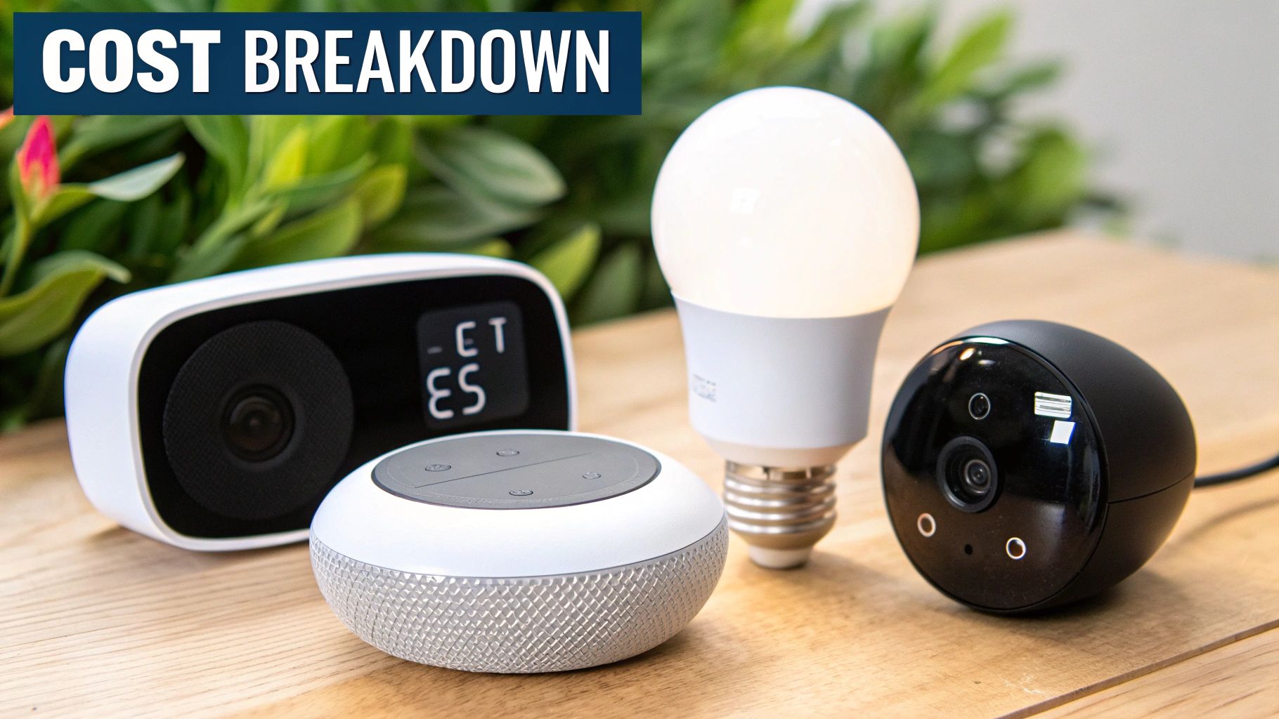 A collection of smart home devices: a speaker, smart bulb, and security camera, on a wooden surface.