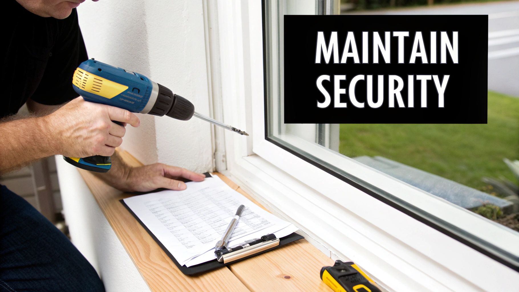 A man uses a power drill near a window with a "MAINTAIN SECURITY" sign, working on window security.