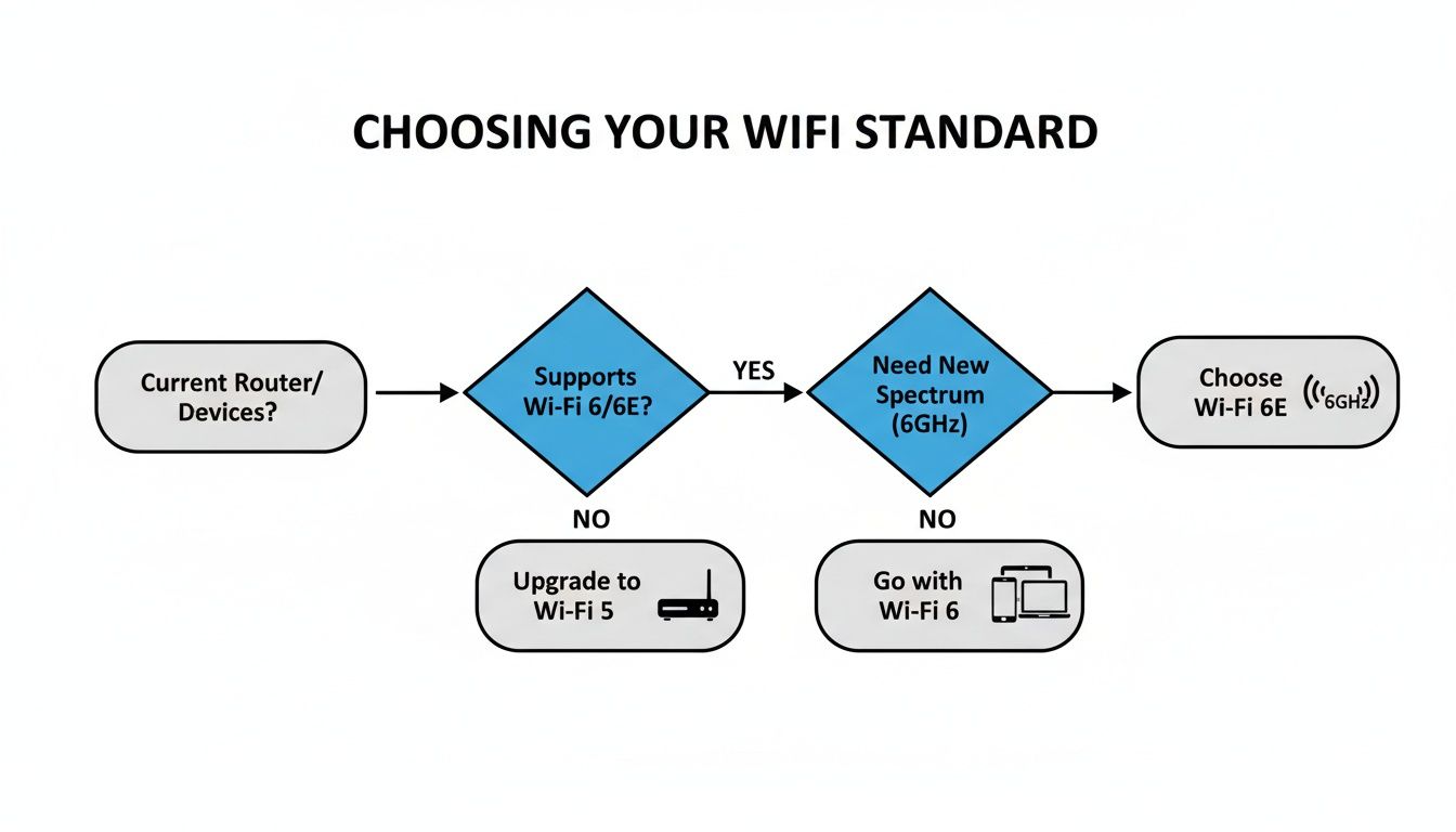 A flowchart guiding users to choose the appropriate Wi-Fi standard, including Wi-Fi 5, 6, and 6E.