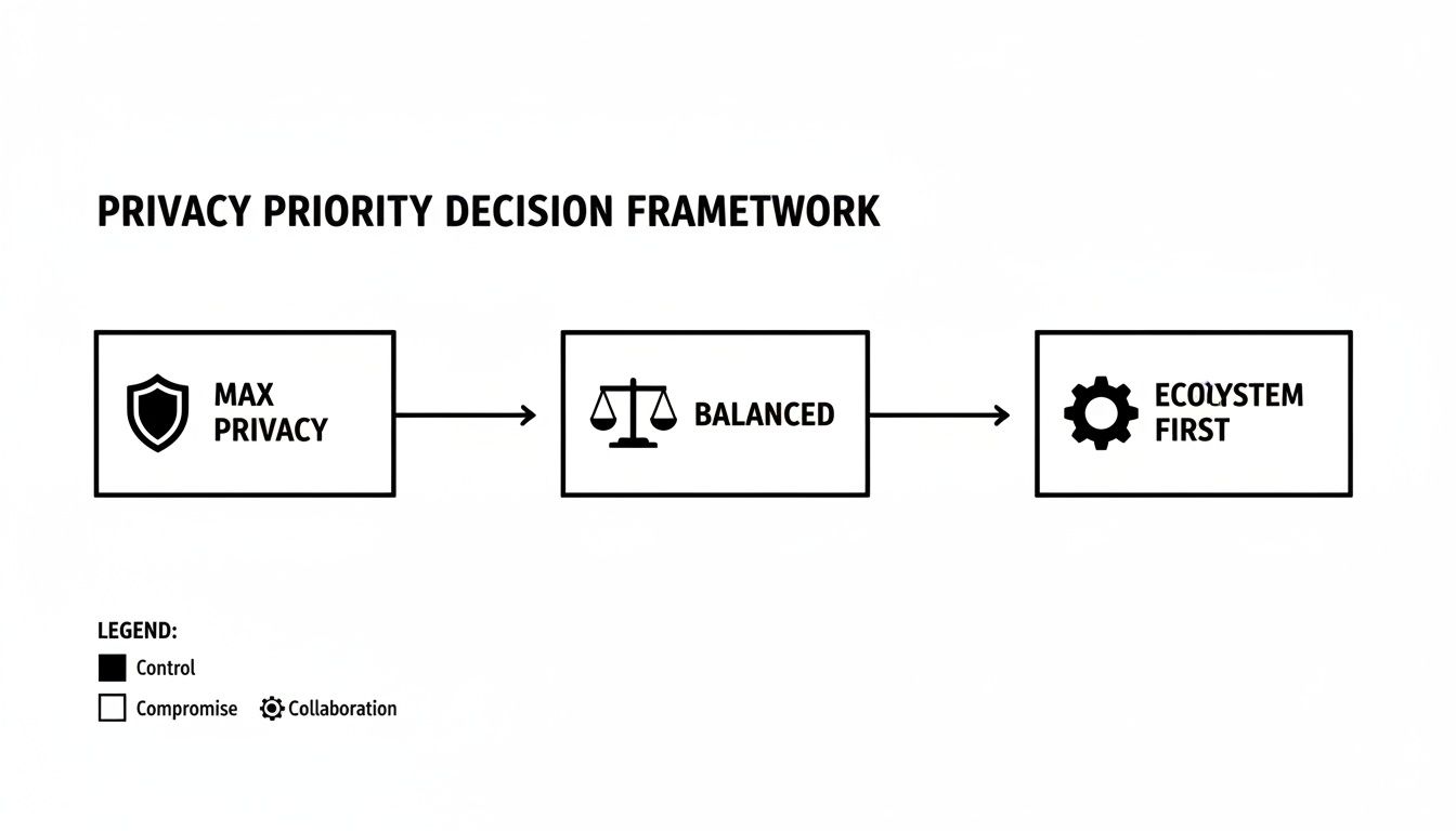 A privacy priority decision framework showing max privacy, balanced, and ecosystem first approaches.
