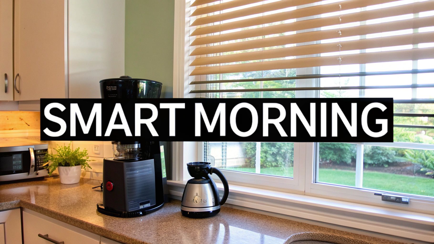 Modern smart coffee maker and carafe on kitchen counter by window with wooden blinds