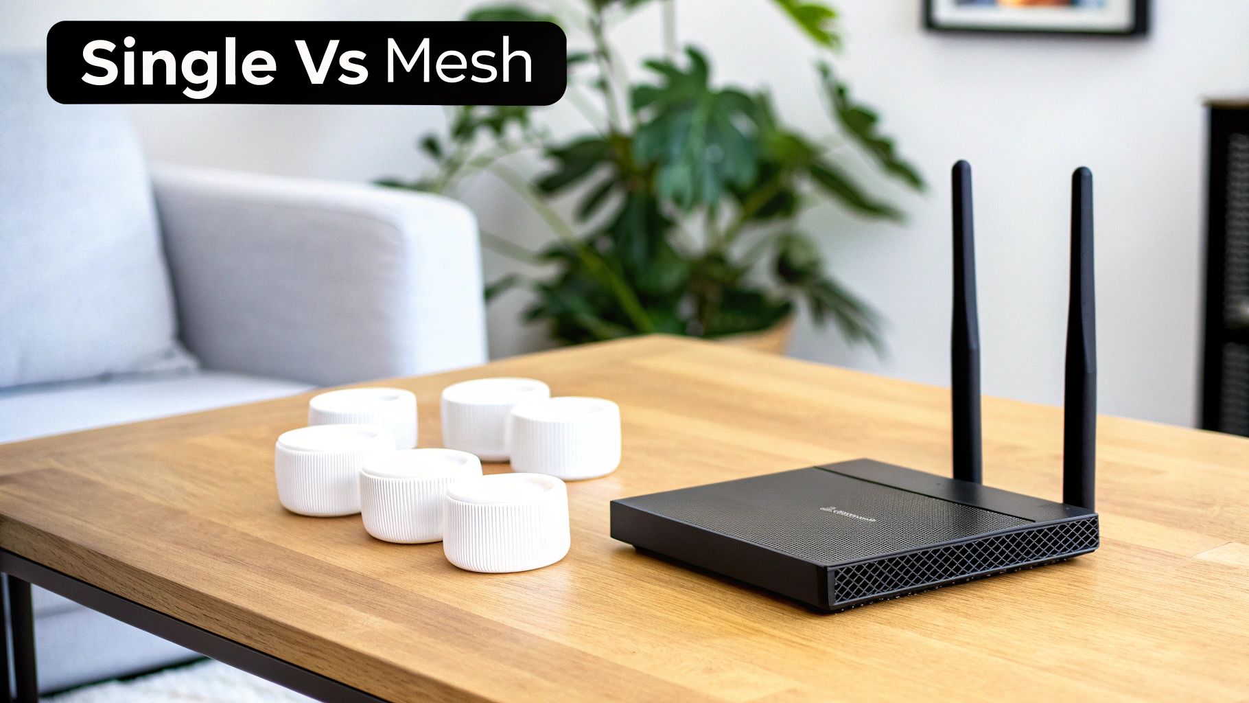 A black traditional router and multiple white mesh Wi-Fi devices on a wooden table, labeled 'Single Vs Mesh'.