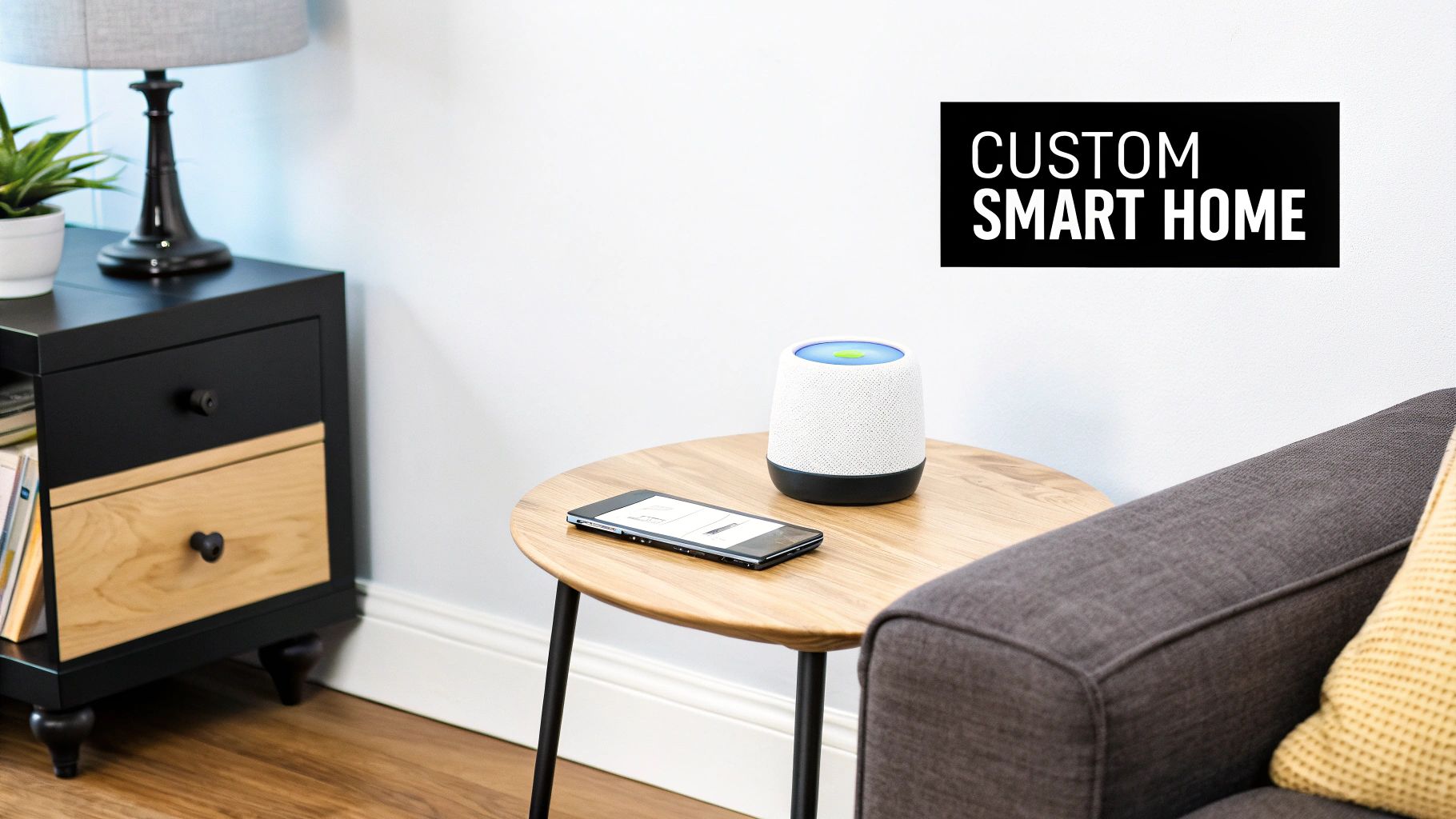 A smart speaker and e-reader on a wooden side table in a modern living room with a 'Custom Smart Home' sign.